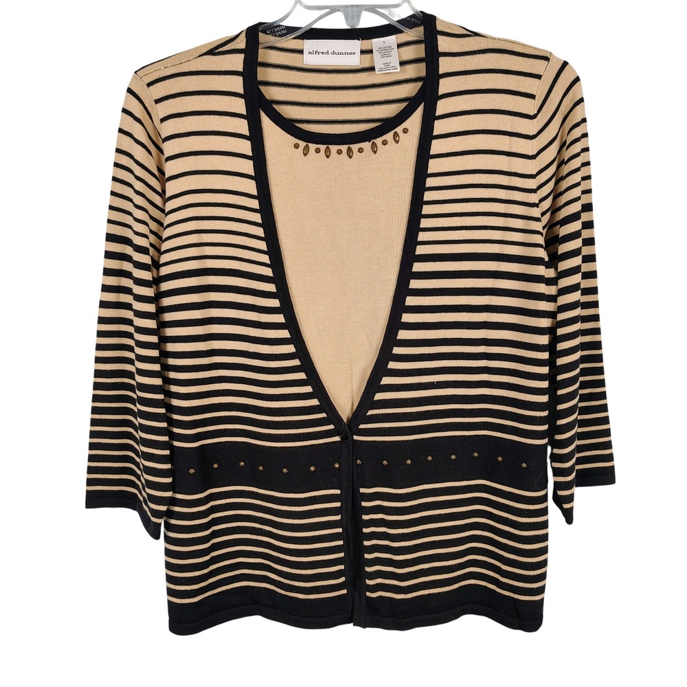 NWT Alfred Dunner Womens L Striped Beaded Layered Sweater Tan Black Grandmacore